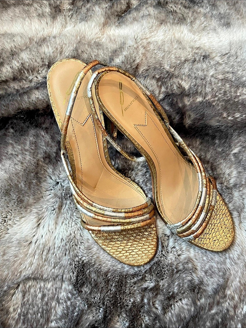 Brian Atwood Fifi Vero Cuoio Signature Luxury Metallic Leather Heels US 10